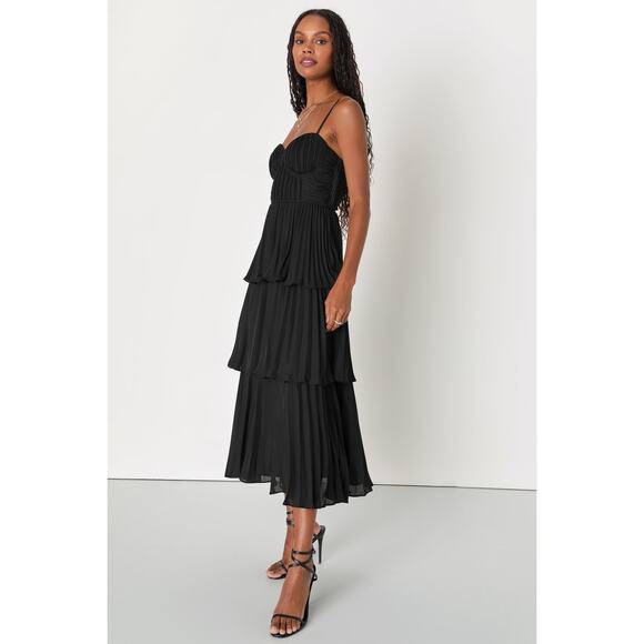 NWT Lulus Cascading Crush Black Tiered Bustier Midi Dress Sweetheart Neck Size M - Picture 6 of 9